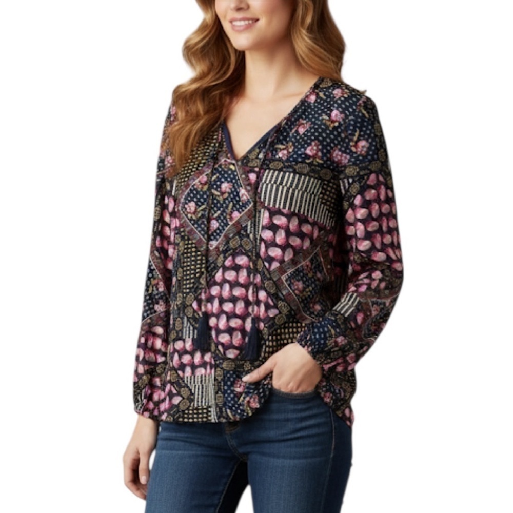 JM Collection Boho Patchwork Sheer Sleeves Tassel Lined Blouse XL Blue Pink